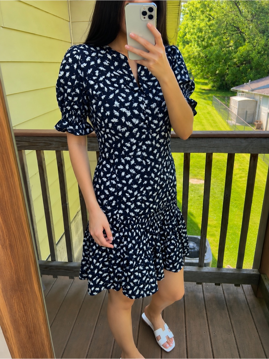 Time And Tru Navy Floral Mini Dress | Puff Sleeve Cotton Dress | Size S (4-6)
